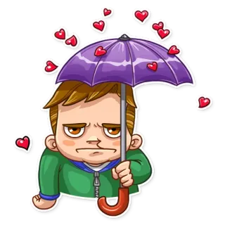 😐 Desenho animado, Guarda-chuva, Corações, Triste, Menino, Sticker telegram sticker
