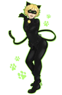 🐱 Cat Noir Miraculous Ladybug gatto, abito nero, eroe, verde, anime, cartone animato telegram sticker