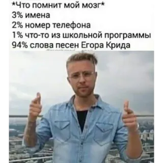 ❤️ Egor Kreed *Что помнит мой мозг* 3% имена 2% номер телефона 1% что-то из школьной программы 94% слова песен Егора Крида cérebro, memória, cantor, russo, música telegram sticker