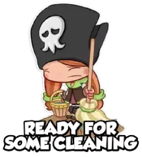 😂 READY FOR SOME CLEANING cleaning, pirate, cartoon, cute, hat, broom telegram sticker