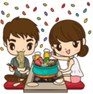 🍻 food, couple, cartoon, kawaii, dinner, eating whatsapp sticker