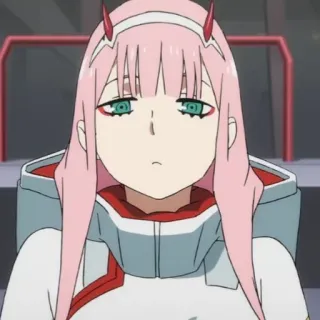 🍤 Zero Two Darling in the Franxx 动漫, 零二, 粉色头发, 角, Darling in the Franxx, 角色, 可爱 telegram sticker