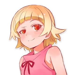 😏 Anime, Charakter, Blonde Haare, Weiblich, Rote Augen, Lächeln, Cartoon telegram sticker