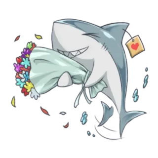 😀 requin, mignon, dessin animé, fleurs, bouquet, amour, coeur, autocollant telegram sticker