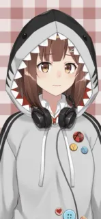 🙁 Chica anime, Sudadera con capucha de tiburón, Auriculares, Lindo, Dibujos animados, Gamer telegram sticker