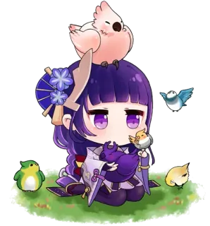 🕊 Raiden Shogun Genshin Impact anime, videojuego, chibi, lindo, pájaros, pelo morado telegram sticker
