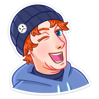 😉 Hoạt hình, Nhân vật, Đàn ông, Mũ len, Vui vẻ, Người, Tóc đỏ telegram sticker