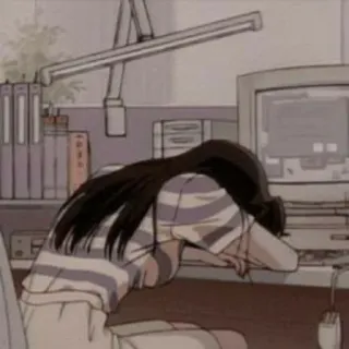 😔 аниме, уставший, компьютер, офис, сонный, грустный, ретро, винтаж telegram sticker