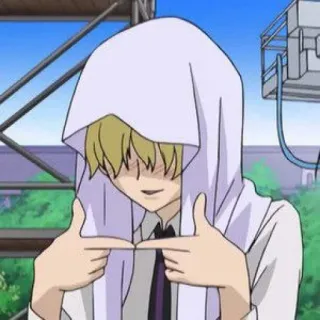 ☺️ anime, personagem, sorrindo, dedos, fofo, loiro, capuz telegram sticker