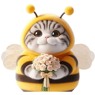 💐 แมว, ผึ้ง, สัตว์, น่ารัก, การ์ตูน, ดอกไม้, ช่อดอกไม้, ชุด whatsapp sticker
