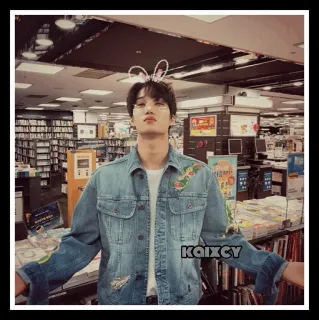😌 kaixcy person, korean, bunny ears, denim jacket, man, books telegram sticker
