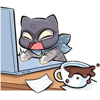 👨‍💻 고양이, 컴퓨터, 화난, 커피, 일, 사무실 telegram sticker