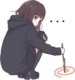 😓 chica anime, palo, dibujo, sudadera con capucha, en cuclillas, círculo, lindo, ilustración telegram sticker