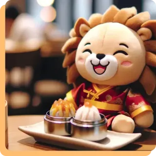 😍 lew, pluszak, jedzenie, dim sum, słodki, kawaii, maskotka whatsapp sticker
