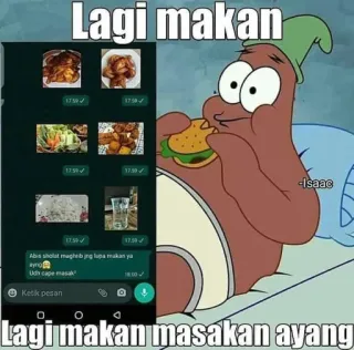 😘 Patrick Star Lagi makan
Abissholat magheb ng lupa makan ya
Udh cape masak
Lagi makan masakan ayang Patryk Rozgwiazda, burger, jedzenie, kreskówka, mem, jedzenie telegram sticker