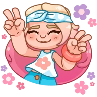 ✌ Kreskówka, Dziewczyna, Znak pokoju, Kwiat, Hippie, Słodkie, Naklejka telegram sticker