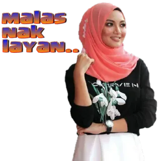 😒 Malas Nak layan... donna, hijab, ritratto, espressione, testo, casual, moda whatsapp sticker