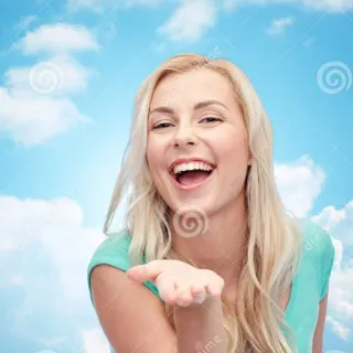 🤭 woman, blonde, smile, happy, sky, clouds telegram sticker
