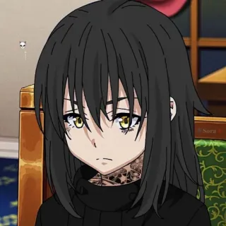 🖤 Аниме стиль, Черные волосы, Желтые глаза, Тату, Грустный, Портрет telegram sticker