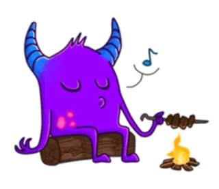 🍢 Monster, Lagerfeuer, Kochen, Cartoon, Lila, Illustration, Hörner whatsapp sticker