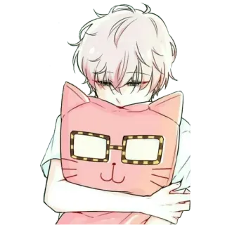 😔 Anime, Ragazzo, Triste, Cuscino, Gatto telegram sticker