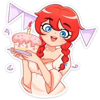 🎂 การ์ตูน, ผู้หญิง, เค้ก, วันเกิด, งานฉลอง, น่ารัก, ปาร์ตี้ whatsapp sticker