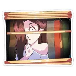 🤫 Frau, Illustration, Mädchen, Fenster, Jalousien, Pssst, Finger whatsapp sticker