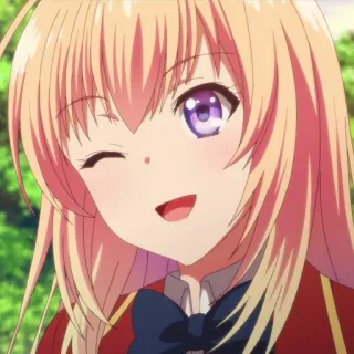😉 Anime, Garota, Piscadela, Bonitinha, Cabelo loiro, Olhos roxos, Uniforme escolar telegram sticker