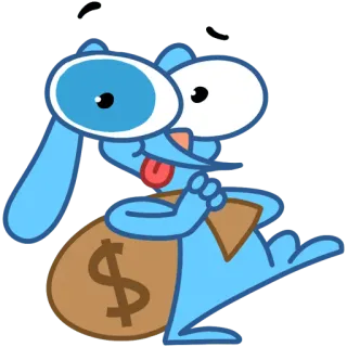 🤑 dibujos animados, azul, criatura, bolsa de dinero, signo de dólar telegram sticker