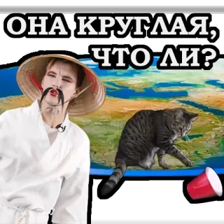 🤔 ОНА КРУГЛАЯ, ЧТО ЛИ? คน, แมว, โลก, หมวก, ถ้วย, ตลก, ล้อเลียน telegram sticker