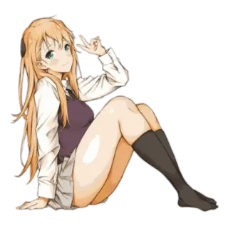 😌 Anime, Chica, Signo de la paz, Dibujo animado, Sentada, Uniforme escolar, Kawaii, Linda telegram sticker