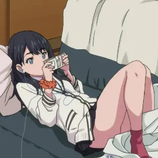 🩸 anime, girl, playing video game, indoors, lying down, cute telegram sticker