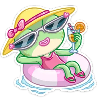 🏖 frog, cartoon, summer, pool, hat, sunglasses, drink, beach, relaxing, vacation telegram sticker