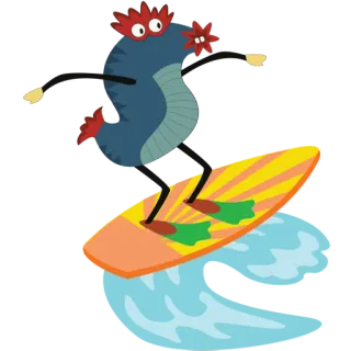 🏄 Cartone animato, Surf, Onde, Acqua, Uccello, Spiaggia, Estate, Divertimento whatsapp sticker