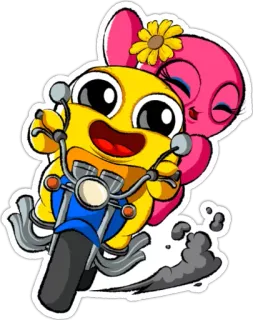 🏍 adesivo, cartone animato, moto, giallo, rosa, fiore, veicolo telegram sticker