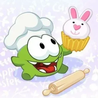 👩‍🍳 Om Nom Happy Easter Om Nom, Cut the Rope, Pâques, Pâtisserie, Lapin, Cupcake, Dessin animé whatsapp sticker