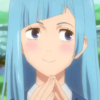 🪵 animé, fille, personnage, cheveux bleus, joyeux, sourire telegram sticker