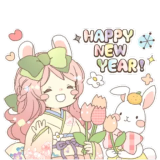 🎊 HAPPY NEW YEAR! с новым годом, кролик, девушка, тюльпаны, кимоно, каваий, милый, праздник telegram sticker