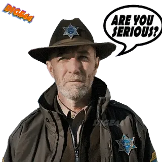❔ ARE YOU SERIOUS? adesivo, homem, xerife, sério?, pergunta, chapéu, uniforme, digea telegram sticker