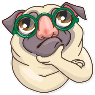 🤔 pug, cão, pensando, óculos, desenho animado, animal, animal de estimação telegram sticker