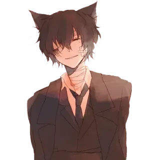 ✨ Anime, Orejas de gato, Hombre, Vendajes, Traje, Corbata, Sonrisa burlona, Personaje telegram sticker