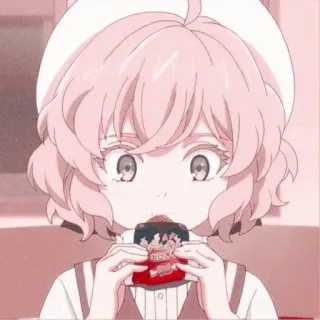 ➖ anime girl, eating, hat, pink, cute, anime telegram sticker