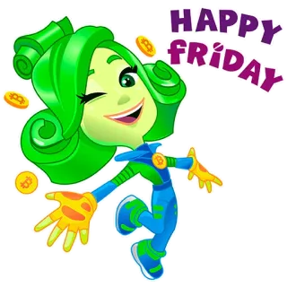 🥳 HAPPY FRIDAY วันศุกร์, มีความสุข, การเฉลิมฉลอง, บิตคอยน์, คริปโตเคอร์เรนซี, การ์ตูน whatsapp sticker