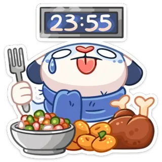 🤤 23:55 หมา, อาหาร, อาหารเย็น, เวลา, นาฬิกาดิจิตอล, การ์ตูน, กิน, หิว whatsapp sticker