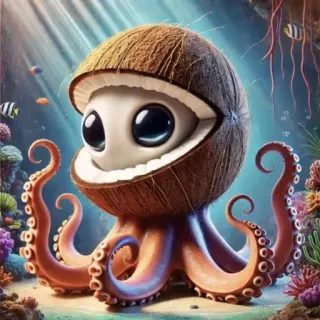 🤩 polpo, noce di cocco, carino, creatura marina, cartone animato, oceano, animale telegram sticker