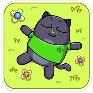 😌 แมว, นอน, หญ้า, ดอกไม้, การ์ตูน, สัตว์ telegram sticker