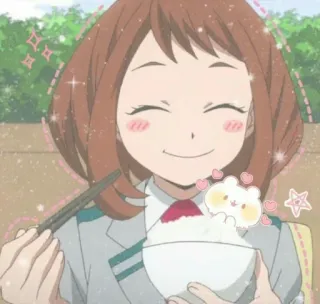 🍫 Ochaco Uraraka My Hero Academia Anime, My Hero Academia, Ochaco Uraraka, Mignon, Dessin animé, Personnage, Manger telegram sticker