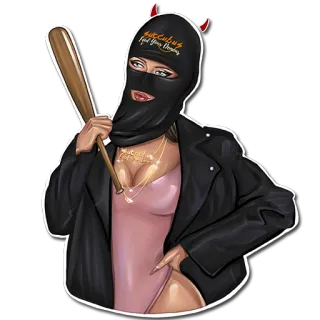 😈 SIX CURLING Feed Your Fantasy Frau, Skimaske, Baseballschläger, Teufelshörner, Fantasy telegram sticker