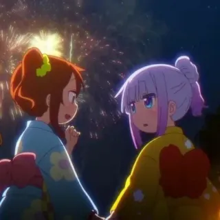 🍮 Kanna Miss Kobayashi's Dragon Maid Anime, Kanna, Mignon, Feux d'artifice, Amis, Yukata, Nuit telegram sticker