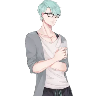 ☕️ Anime, Maschio, Occhiali, Caffè, Personaggio, Capelli color menta telegram sticker